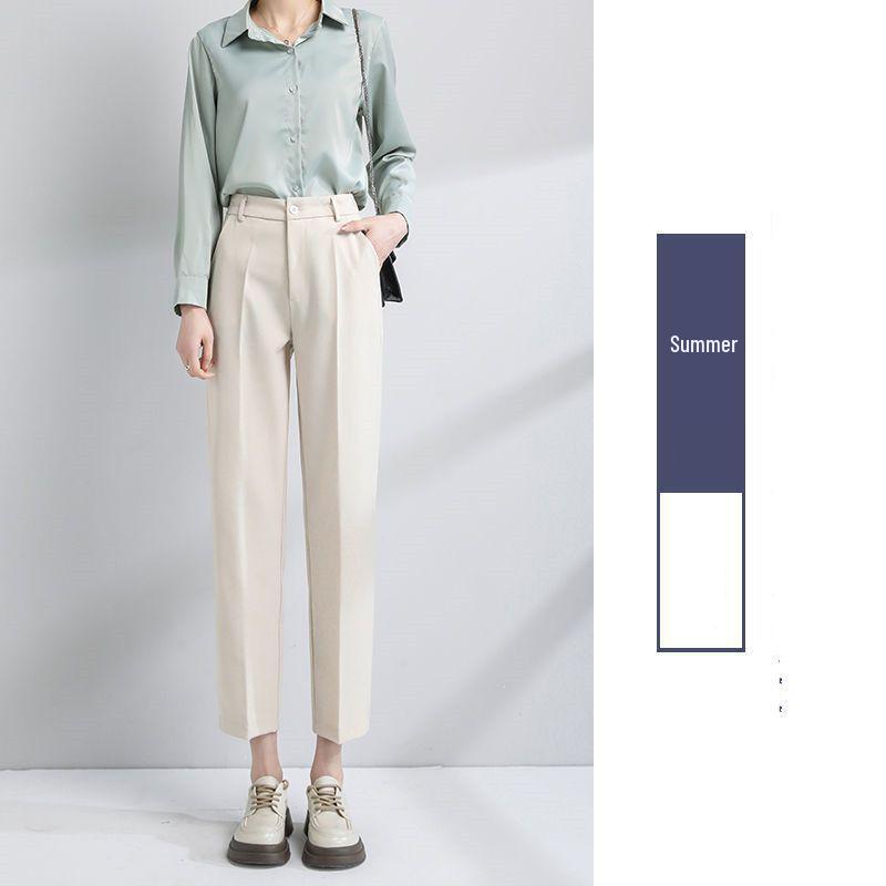 

Women s Off-White High-Waist Cropped Suit Pants - Casual Harem Style, Petite Fit, Straight-Leg, Ideal for Spring/Summer and Autumn Wear. 2XL (130-150 jin)