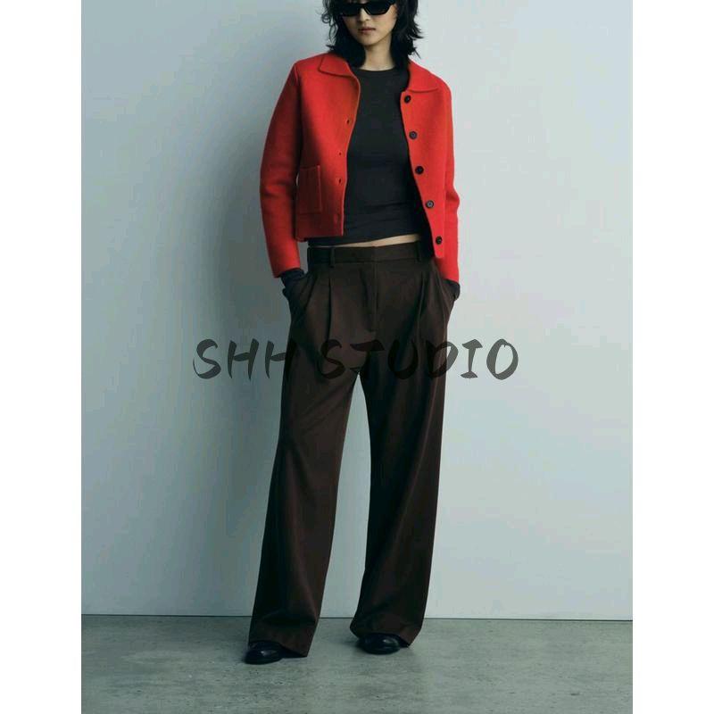 Spring New Arrival Red for Women Sweater Cardigan Lapel Long Sleeves Single Breasted Simple Knitting Outwear 2142001