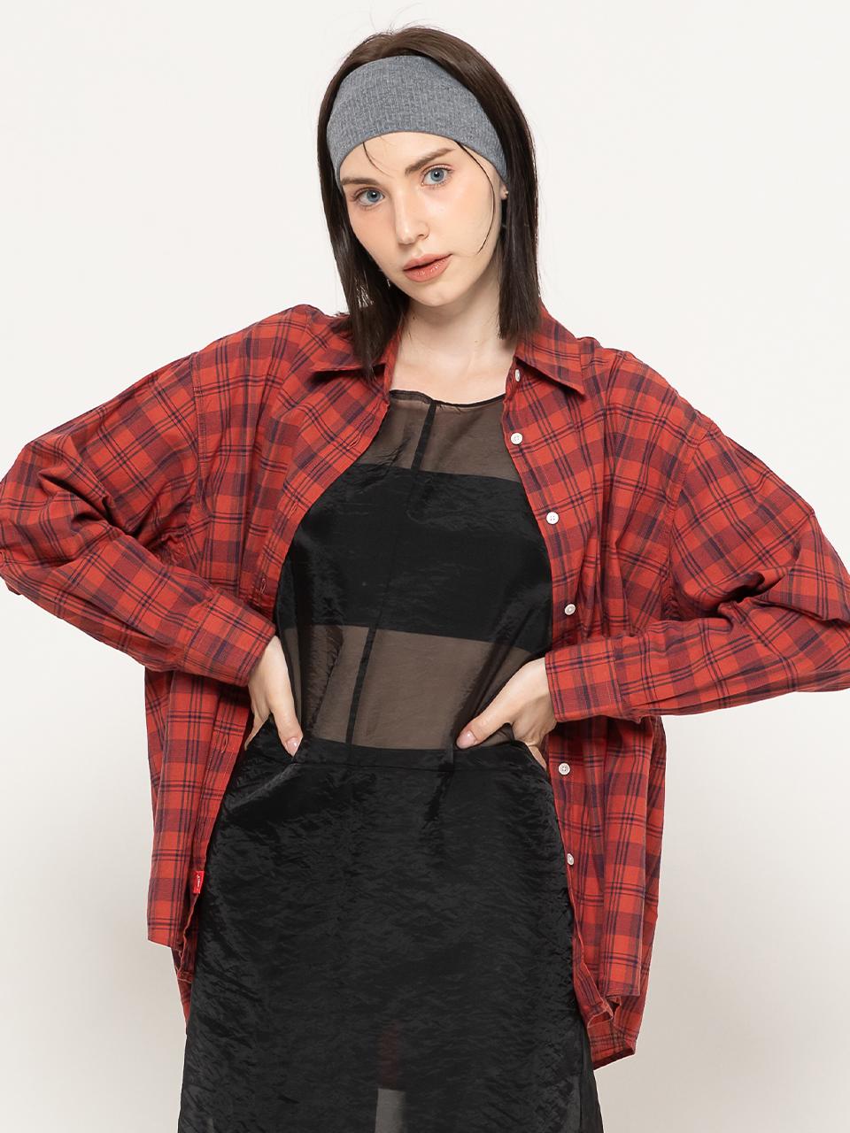 More Like It Washed Check Semi-Overfit Shirt Dark Red