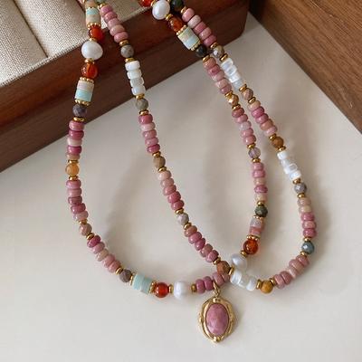 Natural Stone Titanium Steel Necklace Does Not Fade Women'S Summer High-End Red Stone Shell Beaded Sweater Chain Yiwu Accessories