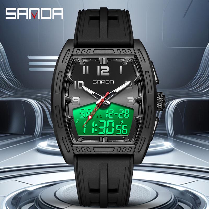 SANDA Men's Waterproof Sports Watch, Dual Display Countdown Timer, Large Barrel Dial, Luminous, with Alarm Clock Function.