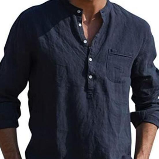Men Shirt Solid Color Stand Collar Button Casual Spring Top for Daily Wear