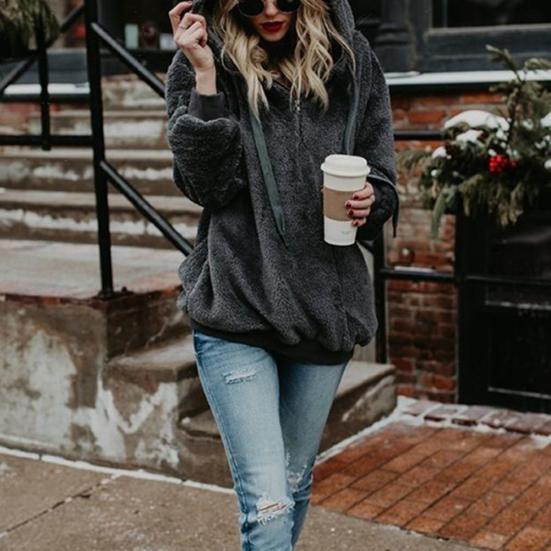 Damen-Fleece-Kapuzenpullover, einfarbig, langärmelig, Kapuzenpullover mit Kordelzug