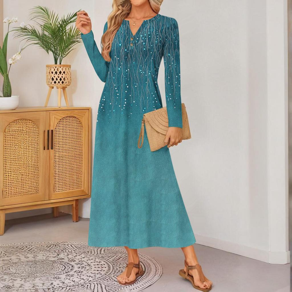 women retro printed long-sleeved comfortable loose dress, elegant dress
