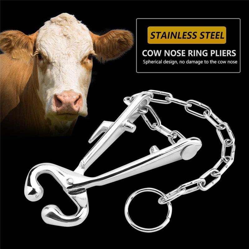 Cattle Nose Ring Livestock Stainless Steel Livestock Cow Nose Cattle Nose Pliers Bovine Clip with Inch Chain Pulling Tool for Farm Ranch Veterinary
