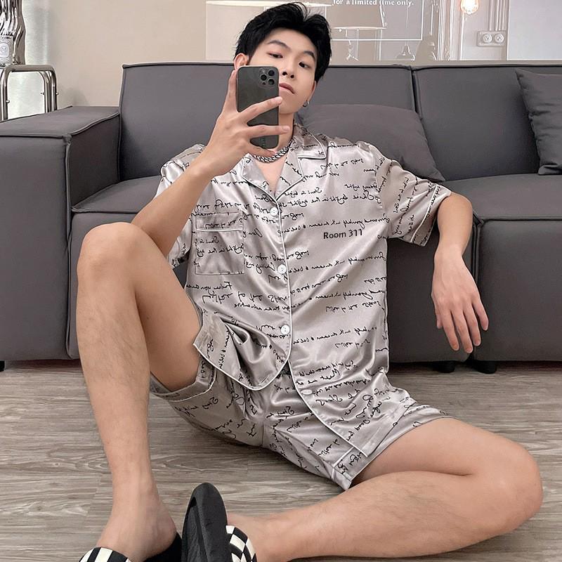 Men's Plus Size Silk-Feel Summer Pajama Set - Short-Sleeved Lapel Cardigan & Shorts