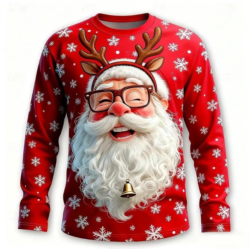 Men Christmas Long Sleeve T‑Shirt 3D Santa Claus Print Red White Stripe Autumn Xmas Holiday Party Casual Tee Tops