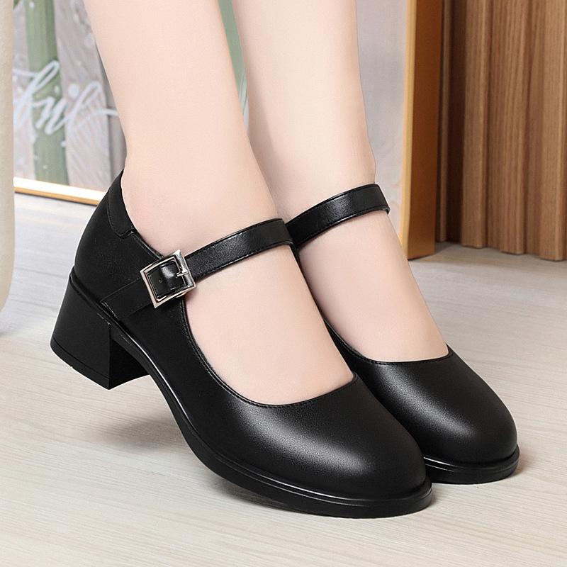 One-word Buckle Single Shoes Women's Round Head Thick Heel Soft Leather Soft Surface Soft Sole Women's Shoes with  Catwalk Women's Leather Shoes
