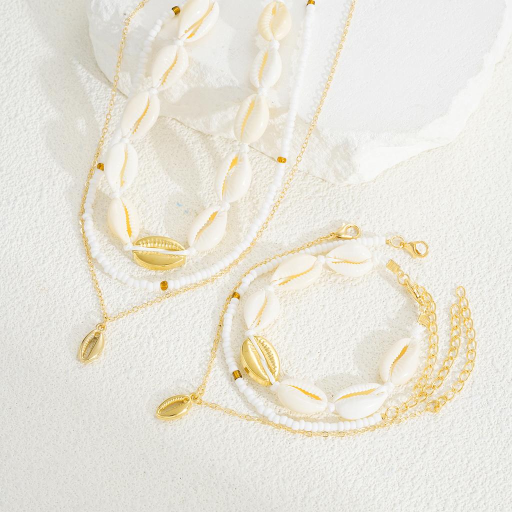 6Pcs/Set Seaside Shell Rice Beads Necklace Bracelets Set for Women Vintage Gold White Color Stacked Jewelry Set Beach Party Gift