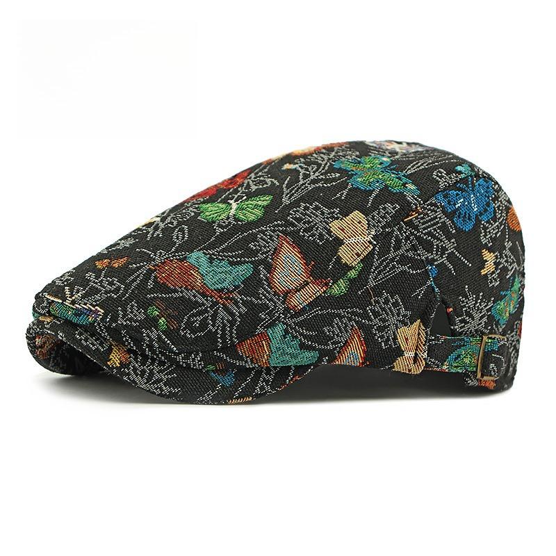 Women's Jacquard Butterfly Flat Cap Ivy Cap British Retro Brocade Woven Gatsby Cabbie Hat Adjustable Strap Ethnic Style