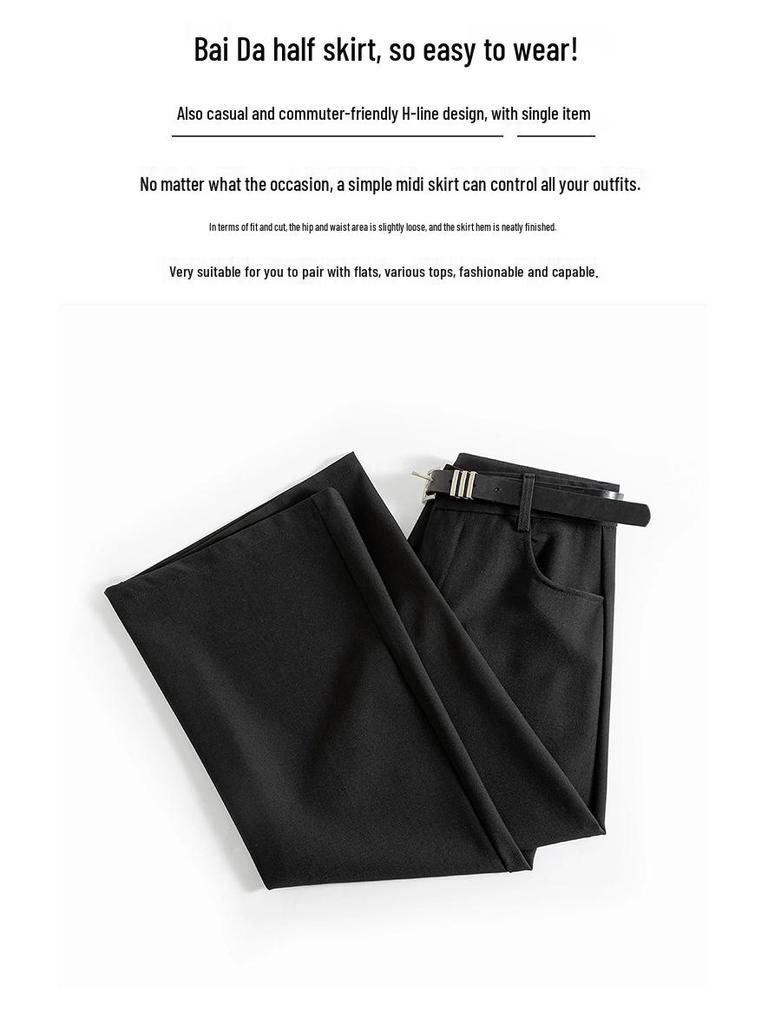 2024 Spring & Autumn High-Waist Slimming A-Line Midi Skirt - Black Versatile Split Skirt