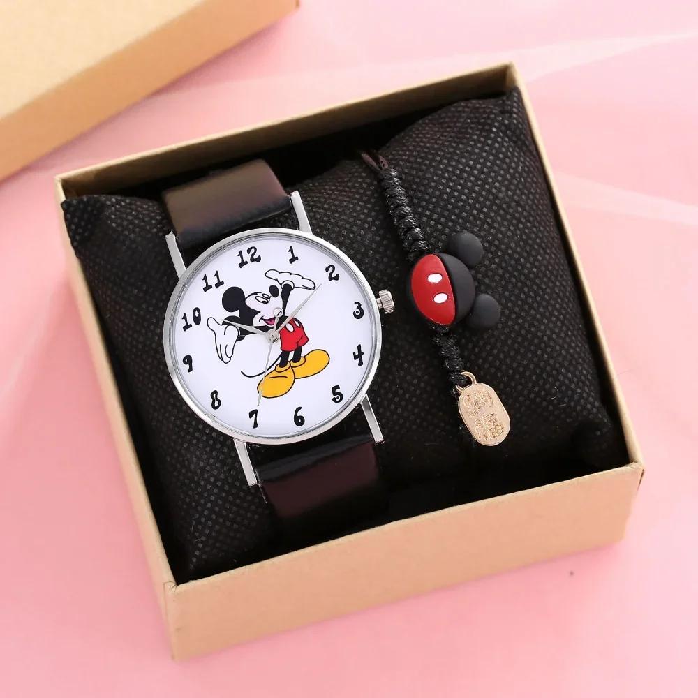Disney Damen Kinder Armbanduhren Set Geschenkbox Mode Mickey Maus Cartoon Kinderuhr Damenarmband mit Box watch+bracelet schwarz