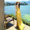 French beautiful lotus leaf edge v-neck yellow printed suspender dress fairy seaside atmosphere vacation style dress