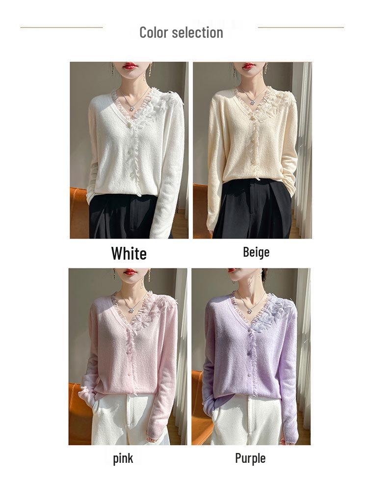 Three-dimensional Floral Knit Cardigan - Autumn/Winter Casual Loose V-neck with Cross Lace Long Sleeves