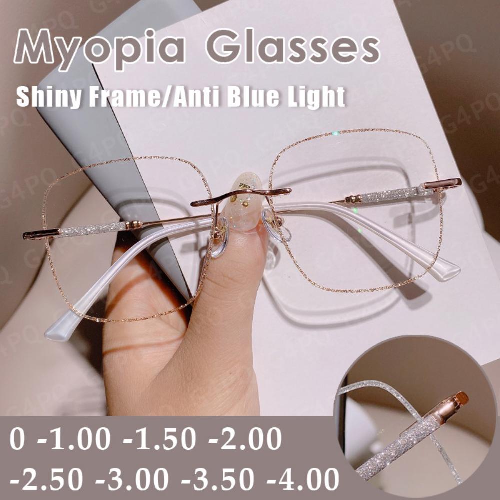 Anti Blue Light Nearsighted Glasses Women Glasses Digital Device Glasses with Diopters 0 To -40 Shiny Rimless Frame Glasses