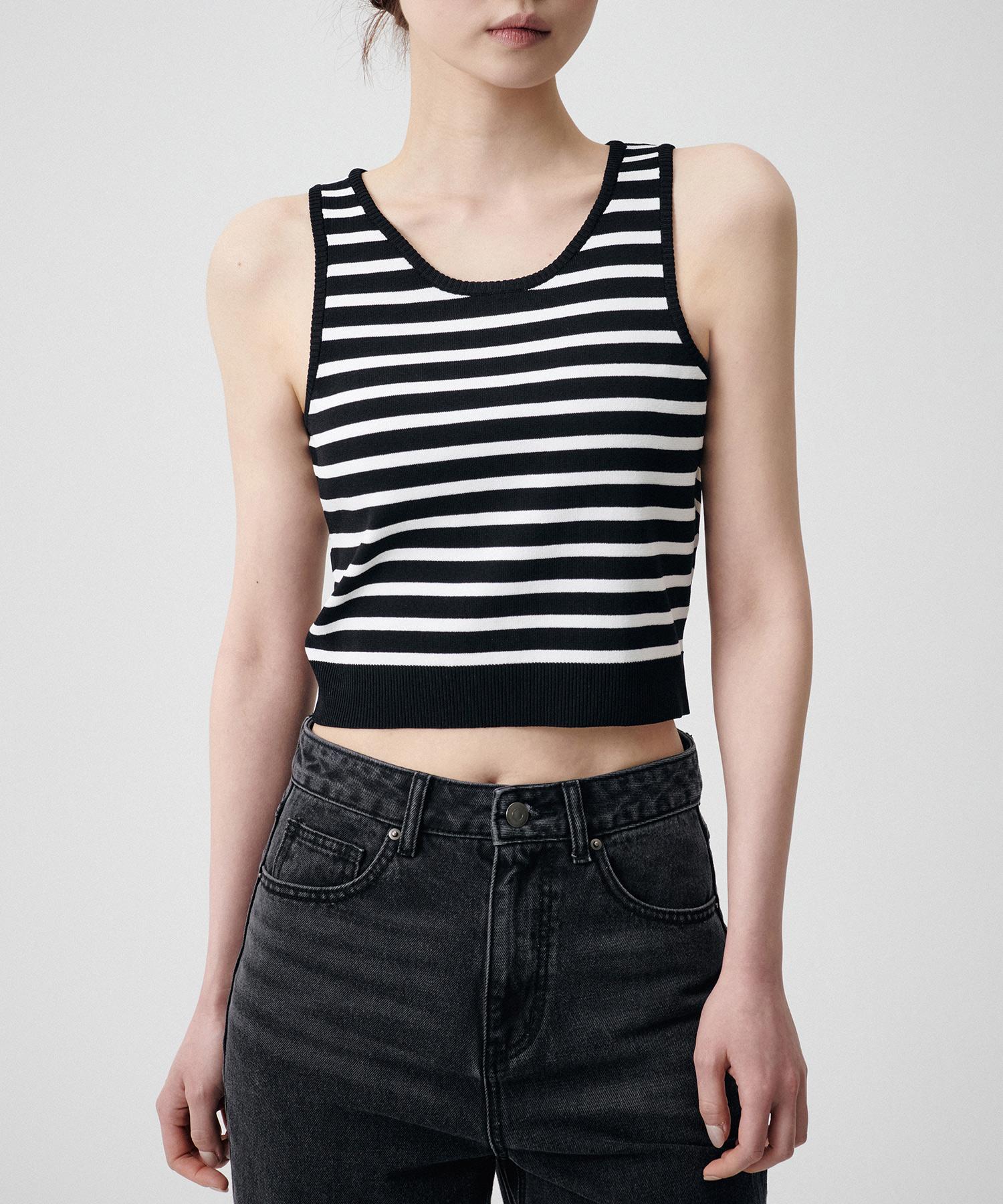 Musinsa Standard Woman Women S Striped Crop Knit Sleeveless Top [Black/Ivory] Black/S