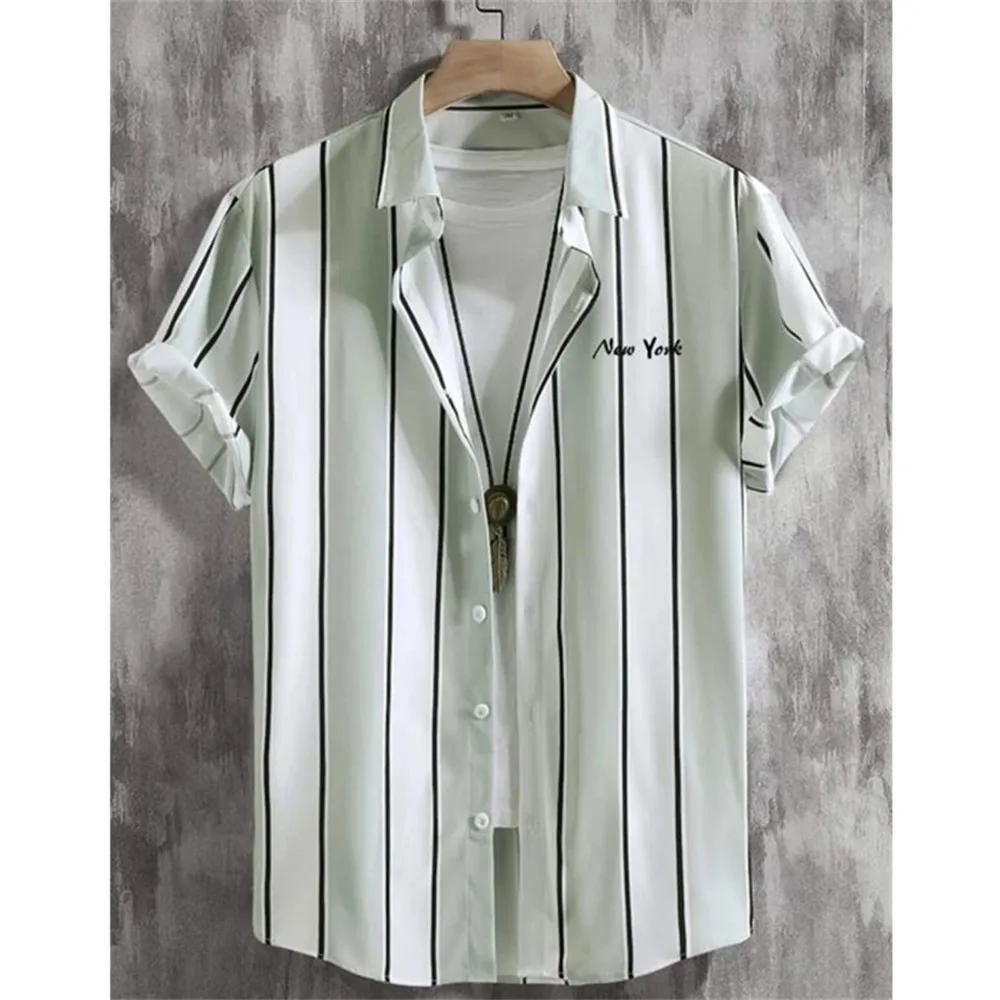 New Summer Men Clothes Short Sleeve Stripe Shirt Tops Men Casual Beach Shirt Tops