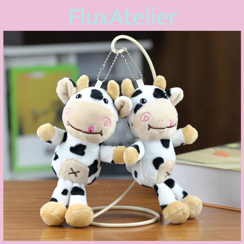 Cute White Cow Plush Toy Keychain Short Plush Stuffed Animal For Bags