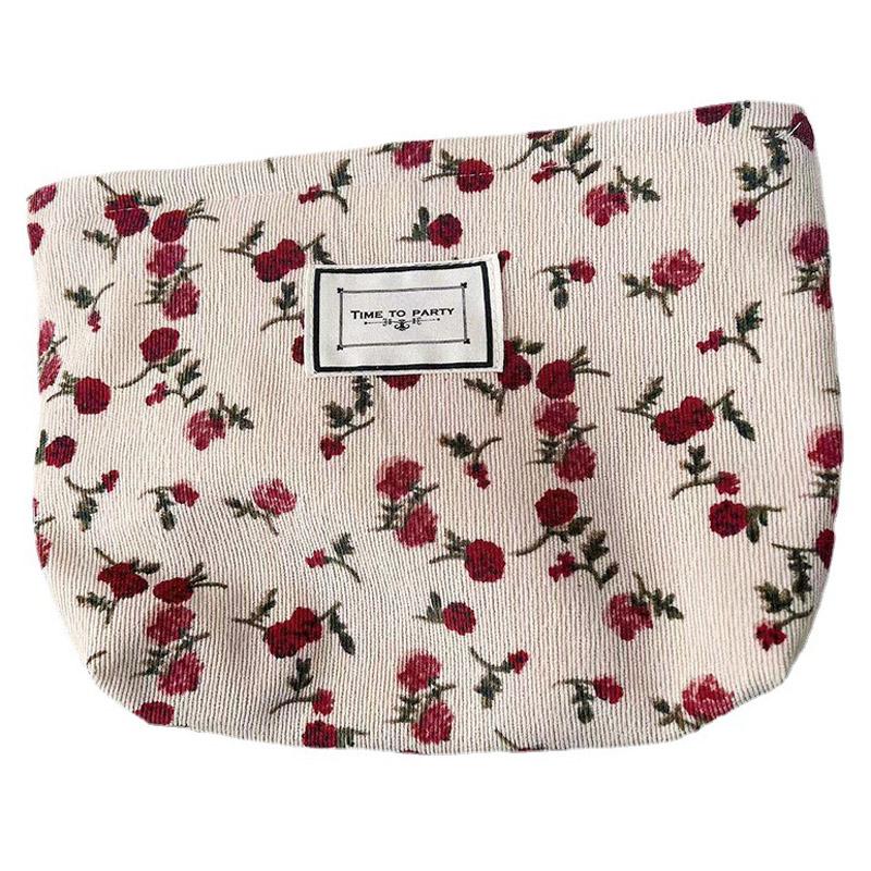 

Vintage Rose Flower Pattern Corduroy Makeup Bag Travel Toiletry Organizer Pouch Beige
