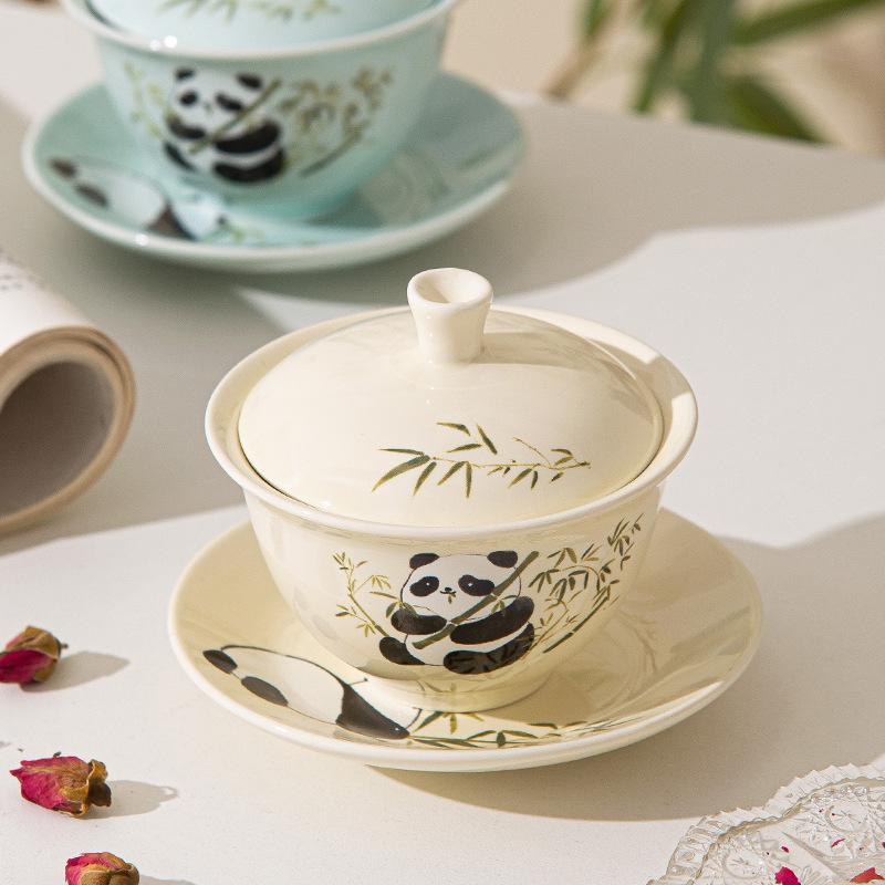 Chinese Style Panda Ceramic Cover Bowl Kung Fu Tea Set Household Tea Bowl Single High End Gift Gift Ceramic Cup Toast Tea Bowl Cup