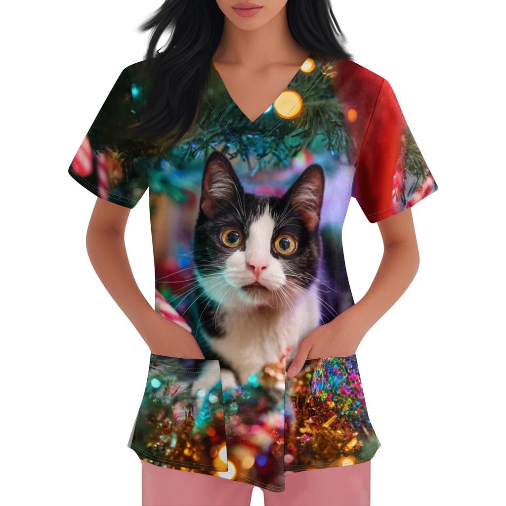 Women's V-neck Christmas printed short-sleeved pocket side-slit protective suit top