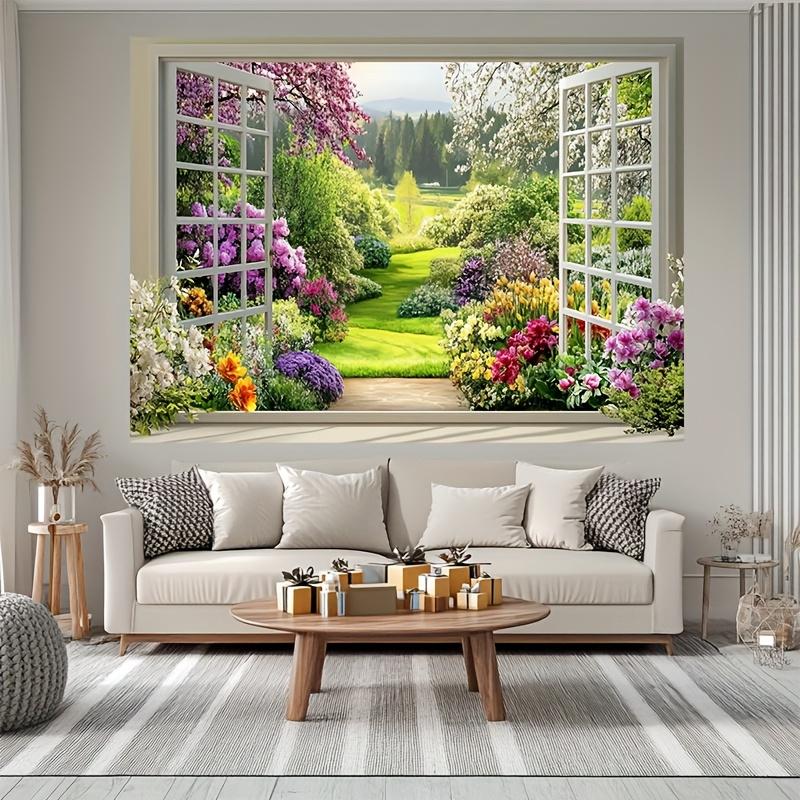 2D flat 1pc spring garden landscape polyester banner, through the window, perfect living room decoration and room decoration