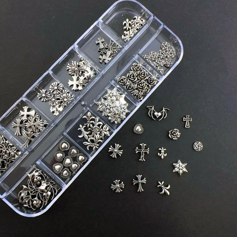 120pcs/1 Box European American Dark Vintage Style Cross Nail Art Patch Premium Metal Style Heart Nail Metal Decorment Set