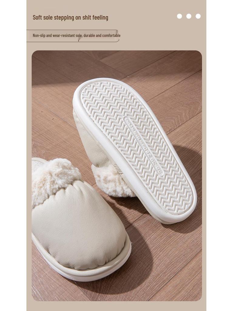 Women's & Men's Waterproof PU Leather Fur Slippers: Non-Slip, Warm, Indoor Cotton with Soft Sole for Autumn & Winter