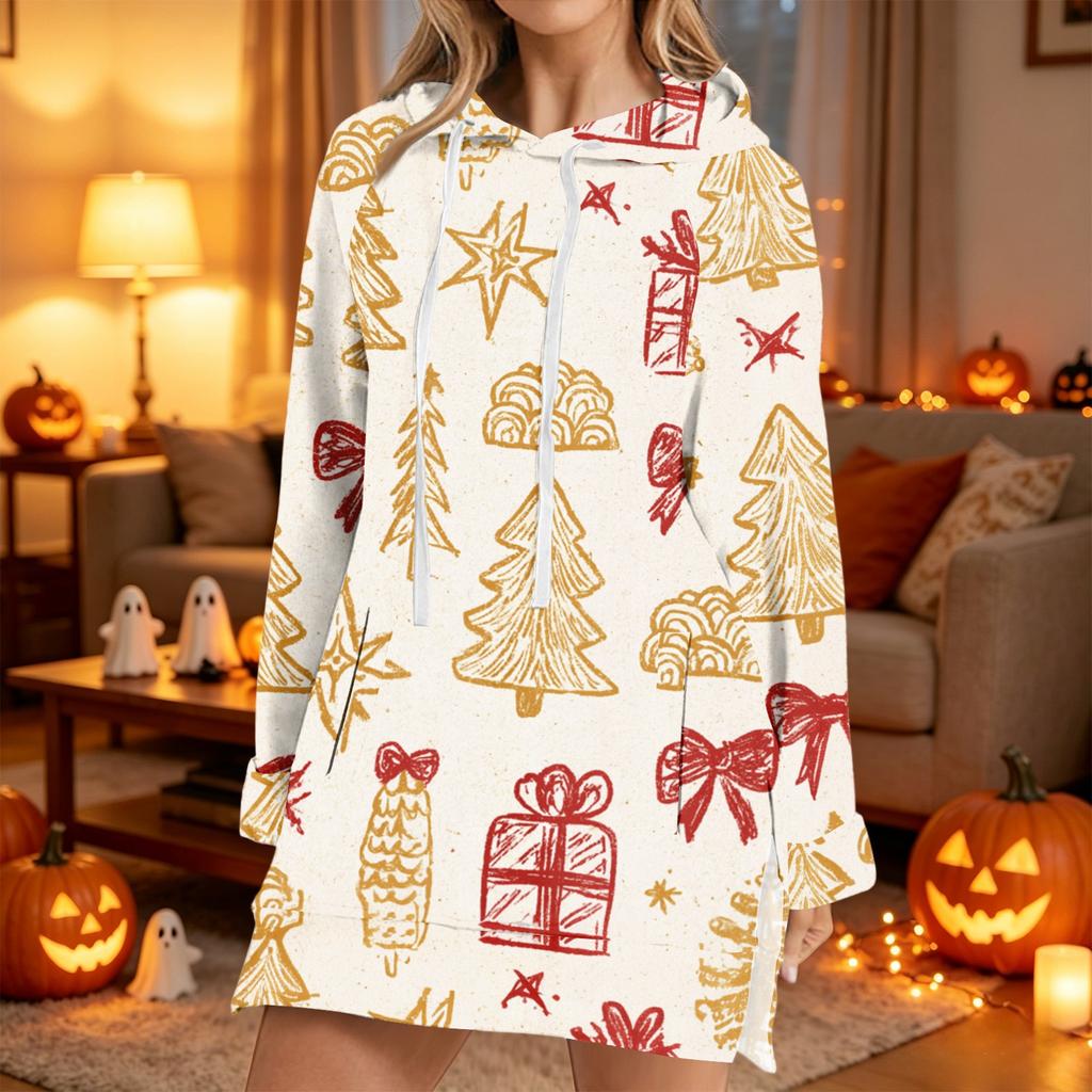 Women's Casual Christmas Print Long Sleeve Hooded Sweatshirt Top