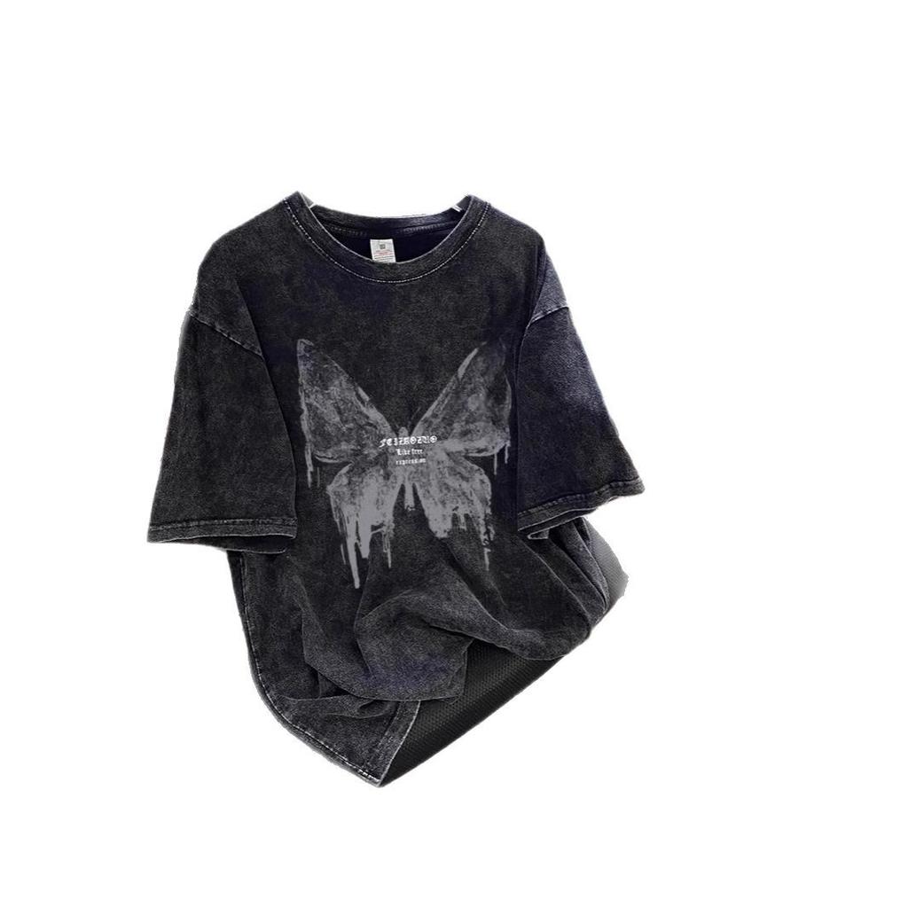 Cotton washed old t-shirt men's and women's spring and summer retro butterfly printing short-sleeved American trend high street couple t-shirt