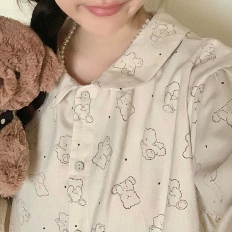 Pajamas Women's Spring Autumn Sleepwear Long Sleeves and Trousers Nightwear Sweet Loose Loungewear Doll Collar Flounce Homewear