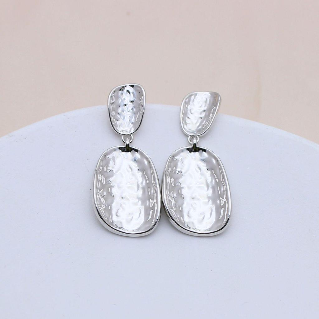 S925 Silver Needle Gold-Plated Geometric Hammered Oval Stud Earrings - European & American Style