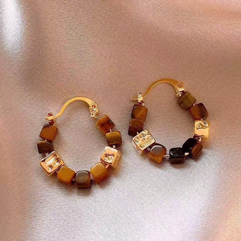Silver Needle Tiger Eye Round Geometric Pendant Earrings - Retro Millard Style Studs with Unique Niche Design