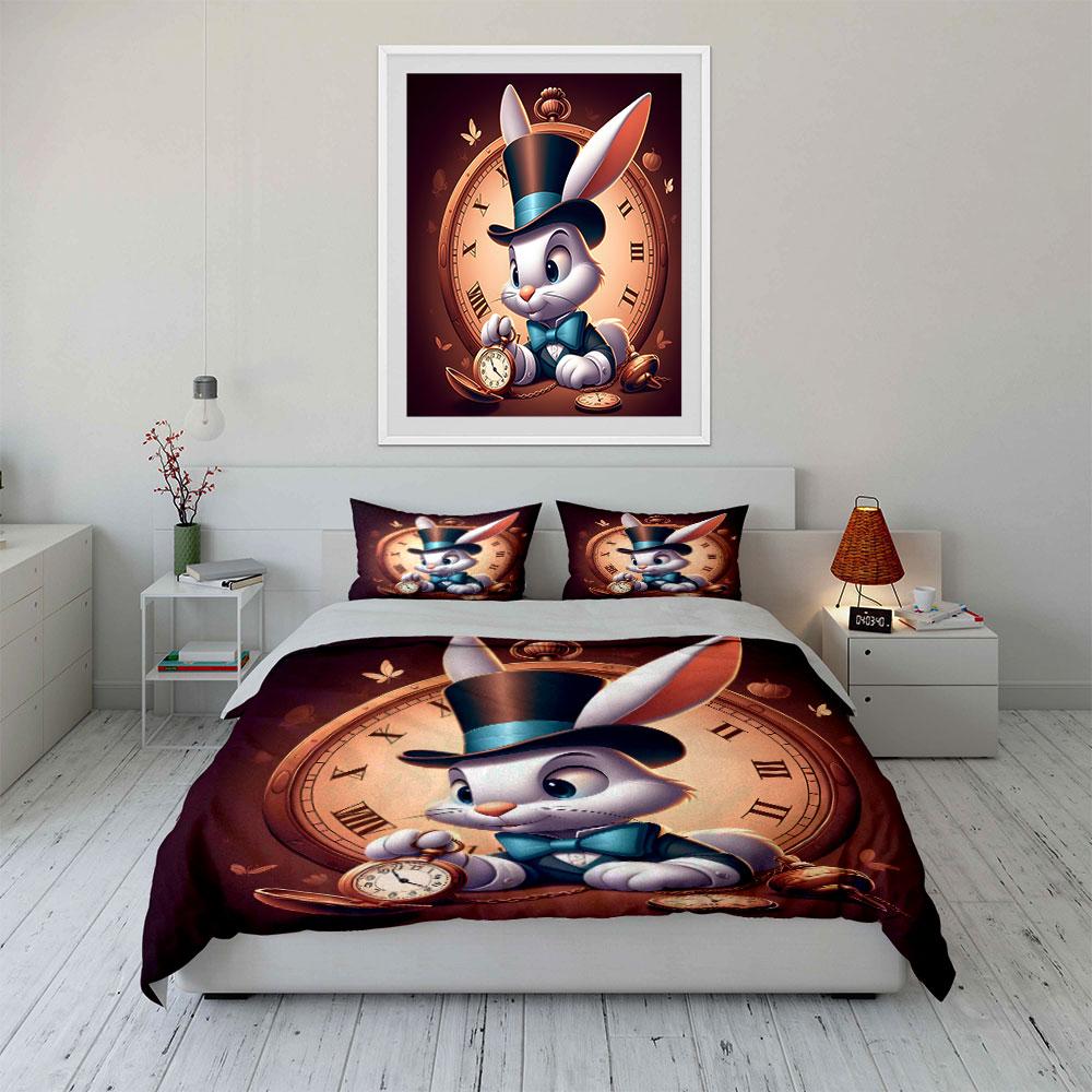 White Rabbit Vintage Clock with Pocket Watch Print Bedding Set 1 Duvet Cover 2 Pillowcases for Adult and Children Luxury Gift