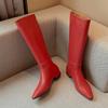 Fashion New Solid Color Cowhide 2.5cm Low Heel Knee High Boots Autumn Winter Fashion Warm Plush Red Black Spicy Girl Women Boots 34-43