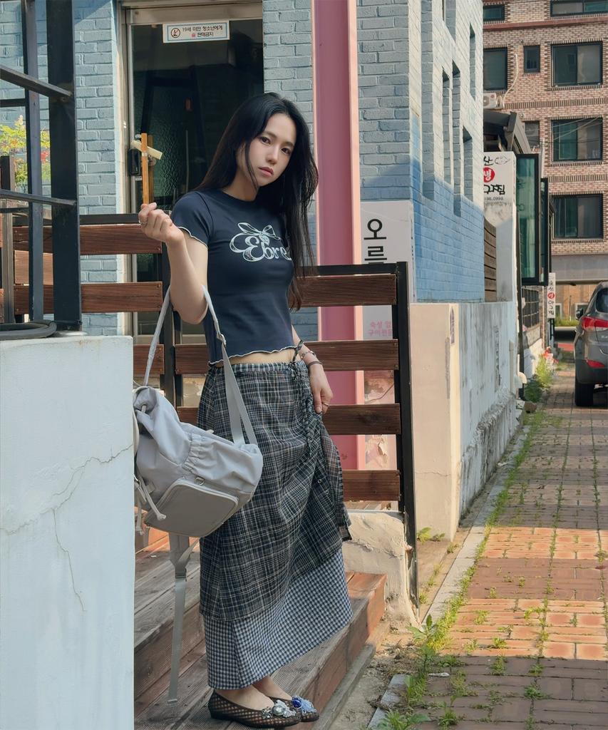 Plasma Sphere Duplex Stud Cross Eyelet Check Layered Long Wrap Skirt_2 Colors