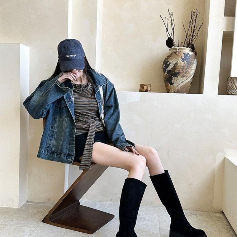 Retro Long Tube Boots Women's Fleece Lined Elastic Knight Boots Autumn Winter New Style over Knee High Boots Rubber Material