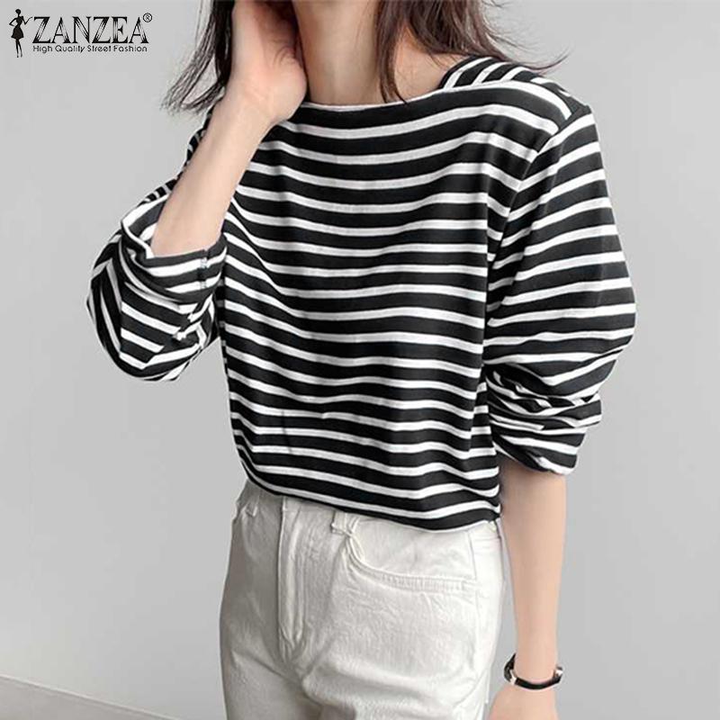 ZANZEA Women Casual Square Collar Long Sleeve Stripe Blouse