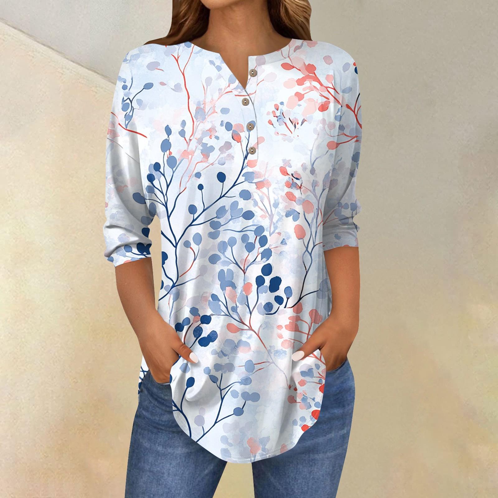 

Женская мода свободный воротник на пуговицах с принтом рукав 3/43/4 футболка топы пуловер XL белый