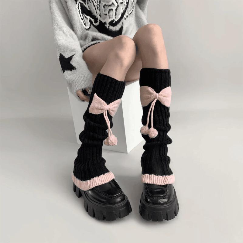 Sweet Autumn and Winter Pom-pom Lace Contrasting Color Sock, Jk Girl Pink Bow Leg Cover, Dui Dui Sock