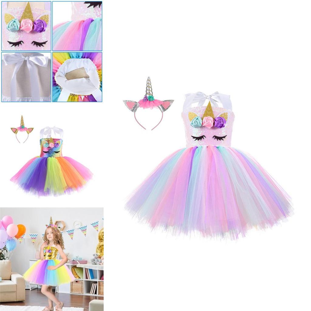 Unicorn Cosplay Girls Dress With Rainbow Pattern For Halloween Party