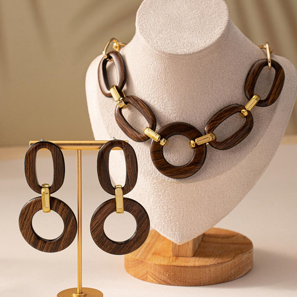 Geometric Brown Matte Vintage Earring Necklace Women Temperamental Accessories