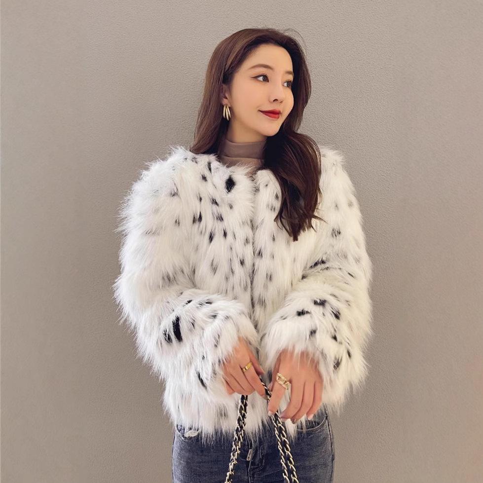

2024 Faux Fox Fur Spotted Coat: Women s Thick Warm Winter Overcoat One Size