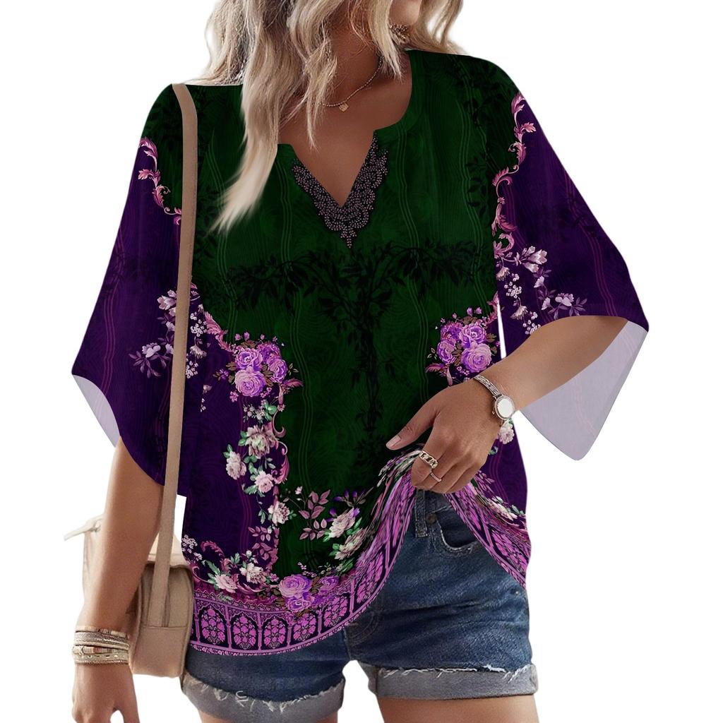 Dámské 3/4 rukáv V květinové tričko Ležérní volný tunikový top