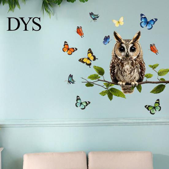 Natural Forest Theme Wall Decor Owl Butterfly Sticker, Animal Illustration Decorative Decals, Pastoral Style Mural Waterproof Removable Stickers, for