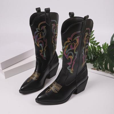 Stiefel in Übergröße Damen Herbst und Winter neue bestickte Western-Cowboy-Stil Mode hohe Stiefel Damen