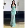 2025 Mint Green Print Mesh Seaside Vacation Dress Cold Spice Girl Slim Fit with Suspenders Fishtail Dress