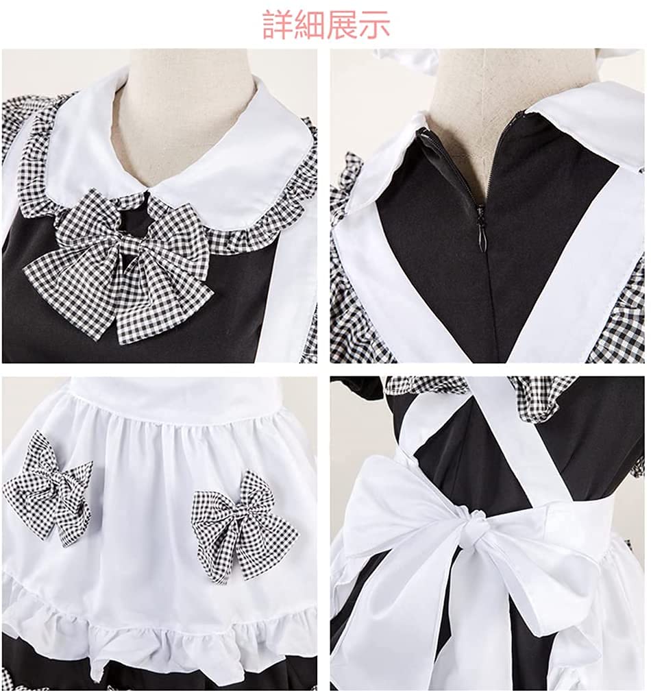 JUNDOMECY Cute Checkered Maid Plus Size Maid Short Black and Photo School Party Costume, High-Quality Set, Small, Cosplay, Sleeves, Ruffles, White,