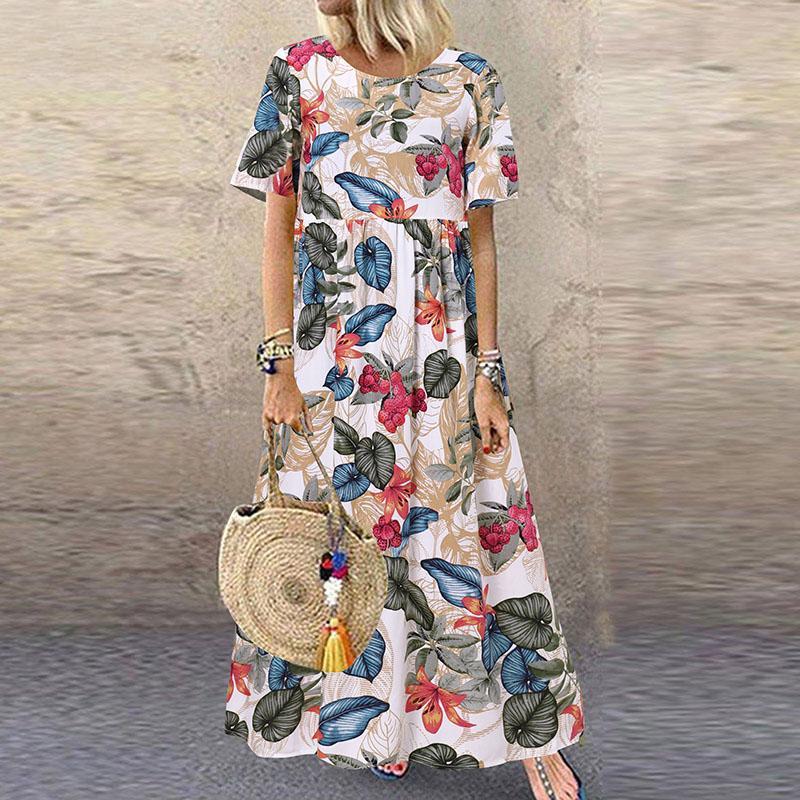 Women's Plus Size Loose Long Sleeve Round Neck Floral Print Casual Dress Vintage Style Maxi Dress