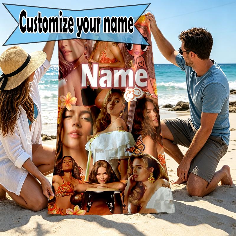 Custom Name Personalized Karol G Print Beach Towel, for Trip Camping Beach Party Home Decor, Birthday Gift for Family & Friends